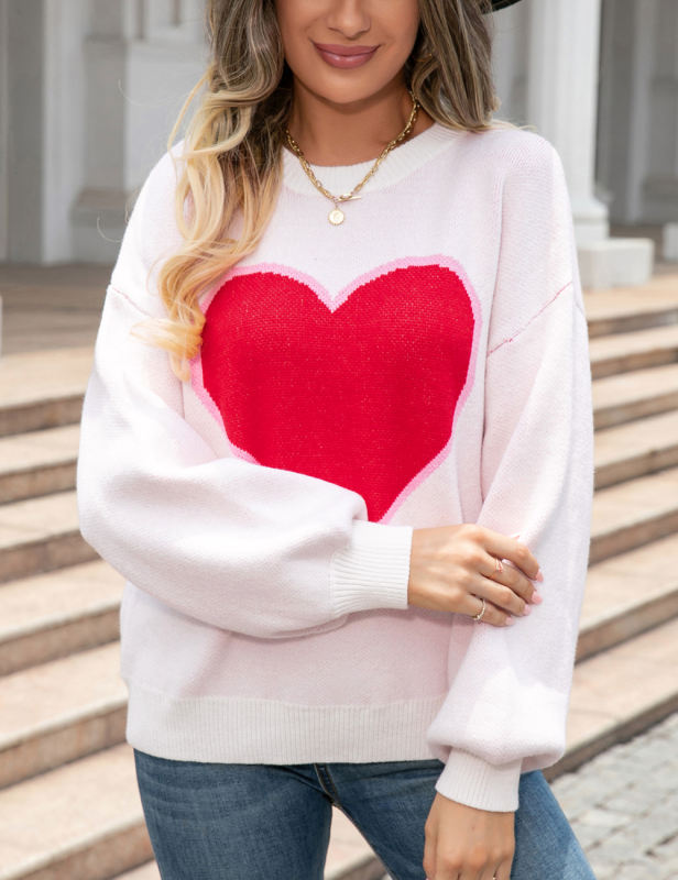 White Heart Graphic Drop Shoulder Valentine Sweater