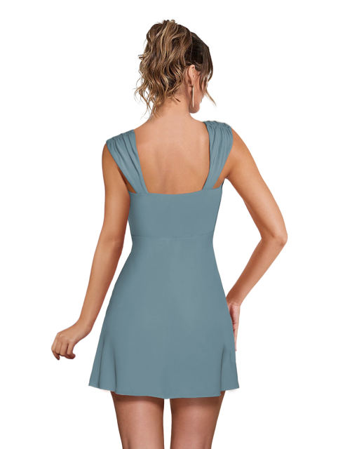Blue Ruffle Hem Side Split Square Neck Dress