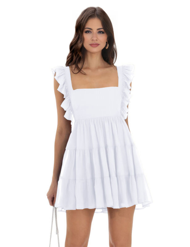 White Square Neck Ruffle Sleeveless Crepe Mini Dress