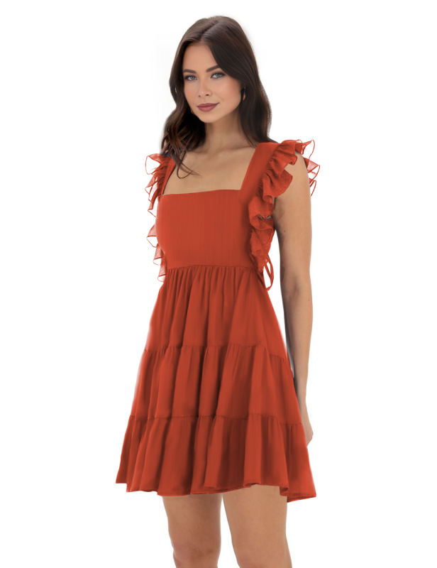 Orange Square Neck Ruffle Sleeveless Crepe Mini Dress