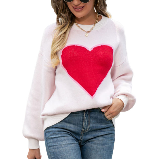 White Heart Graphic Drop Shoulder Valentine Sweater