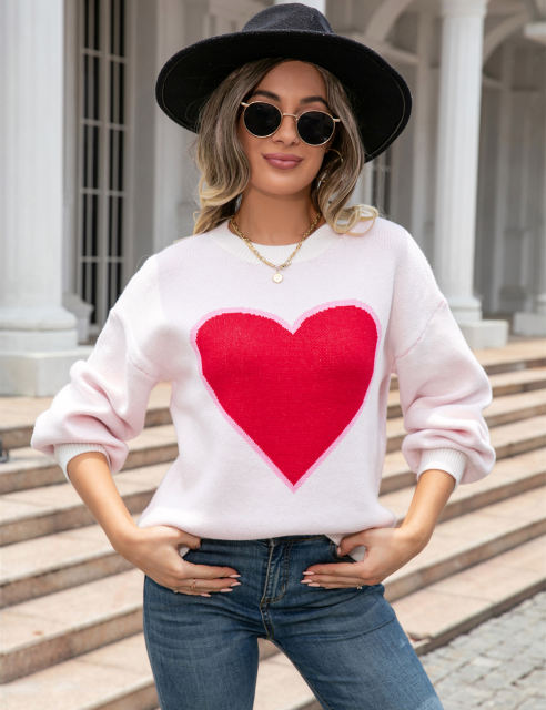 White Heart Graphic Drop Shoulder Valentine Sweater