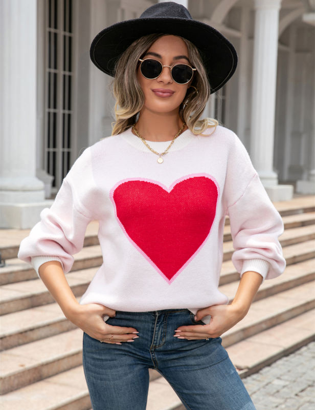White Heart Graphic Drop Shoulder Valentine Sweater
