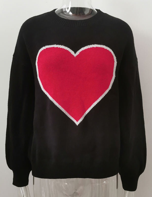 Black Heart Graphic Drop Shoulder Valentine Sweater