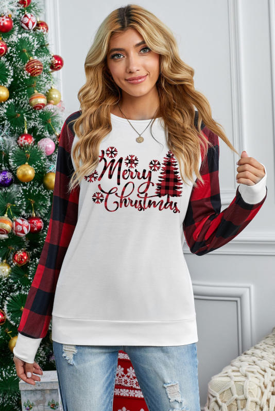 White Merry Christmas Plaid Graphic Print Long Sleeve Sweatshirt