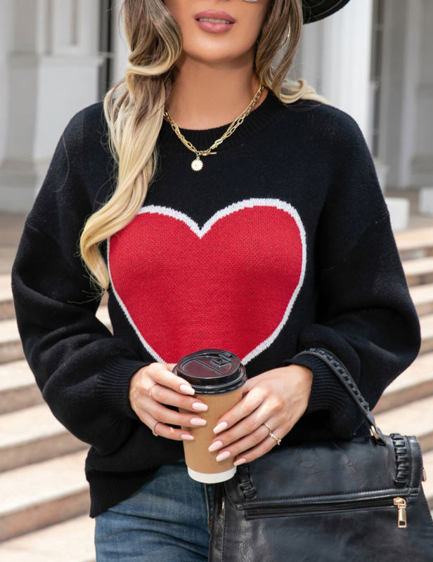 Black Heart Graphic Drop Shoulder Valentine Sweater