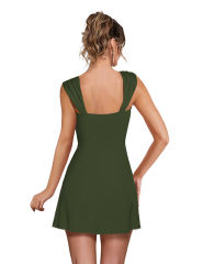 Army Green Ruffle Hem Side Split Square Neck Dress