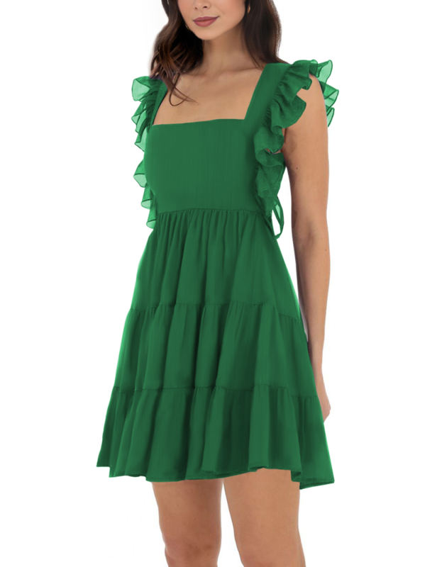 Green Square Neck Ruffle Sleeveless Crepe Mini Dress