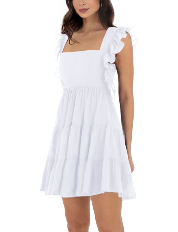 White Square Neck Ruffle Sleeveless Crepe Mini Dress