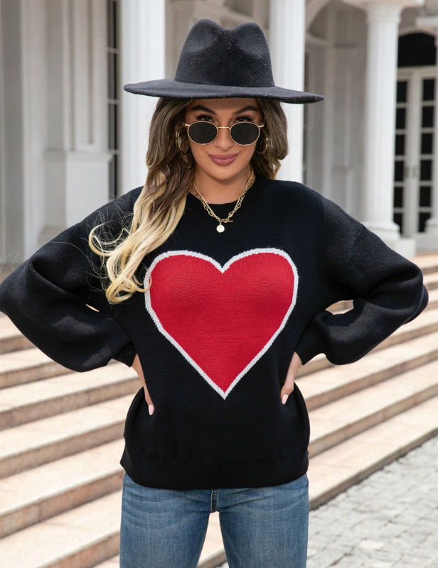 Black Heart Graphic Drop Shoulder Valentine Sweater