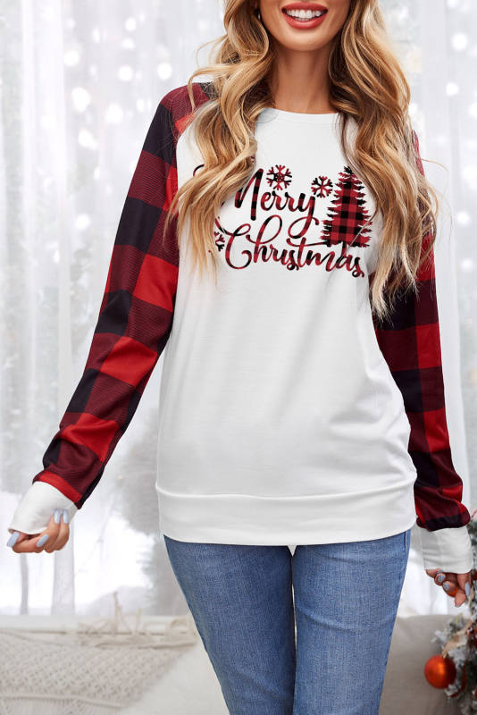 White Merry Christmas Plaid Graphic Print Long Sleeve Sweatshirt