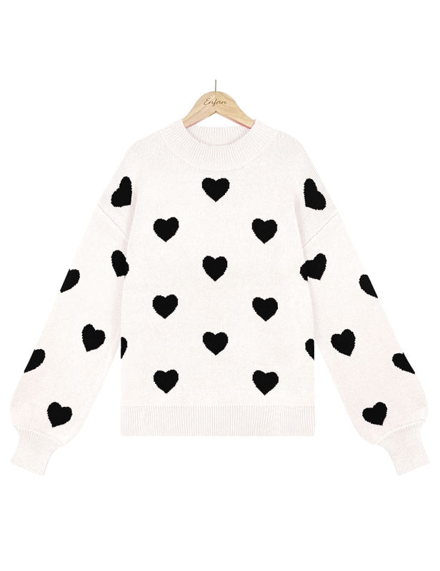 Black White Heart Graphic Pullover Knit Sweater