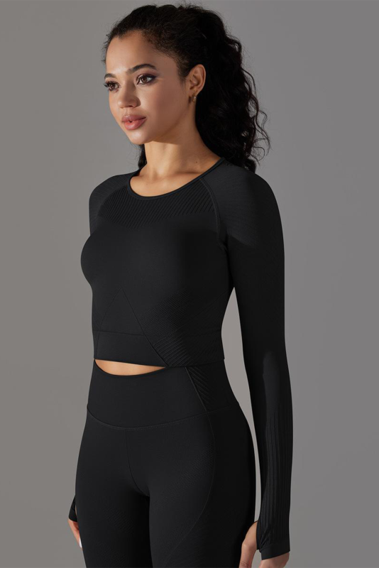 Black Solid Color Thumbholes Long Sleeve Active Crop Top