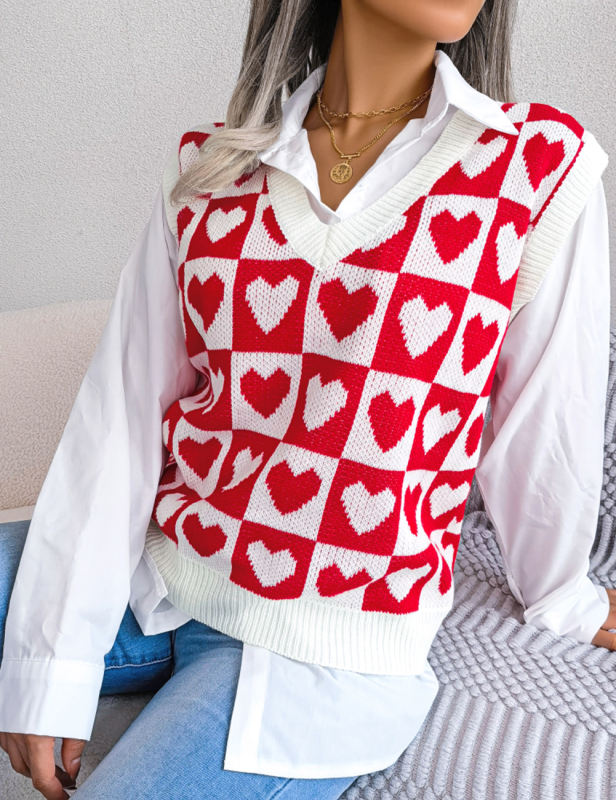 Red Knitted Heart Graphic V Neck Sweater Vest