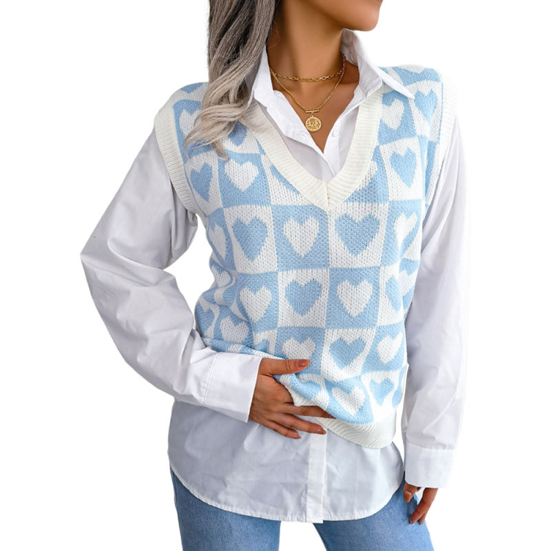 Blue Knitted Heart Graphic V Neck Sweater Vest