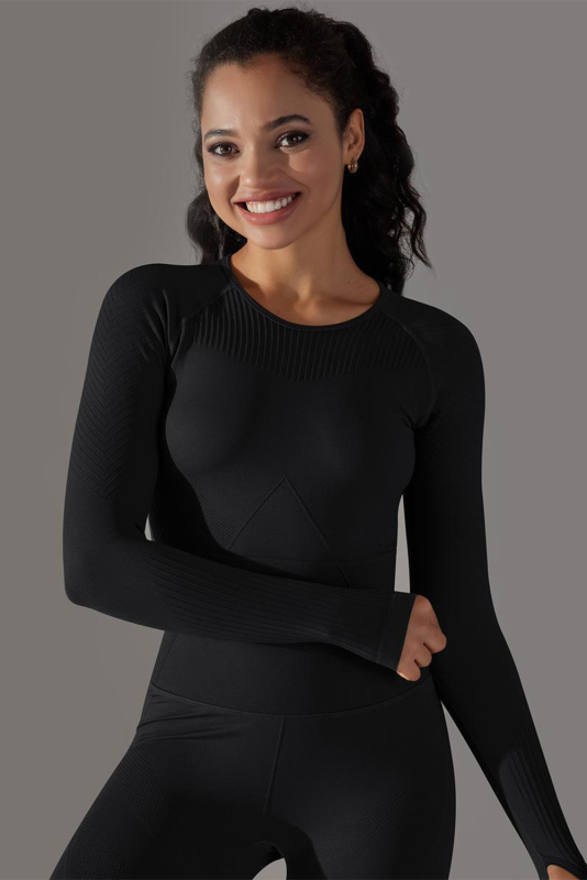 Black Solid Color Thumbholes Long Sleeve Active Crop Top