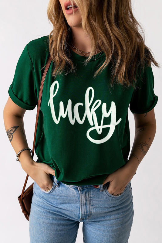 Green St. Patricks Lucky Print Round Neck Casual Tee