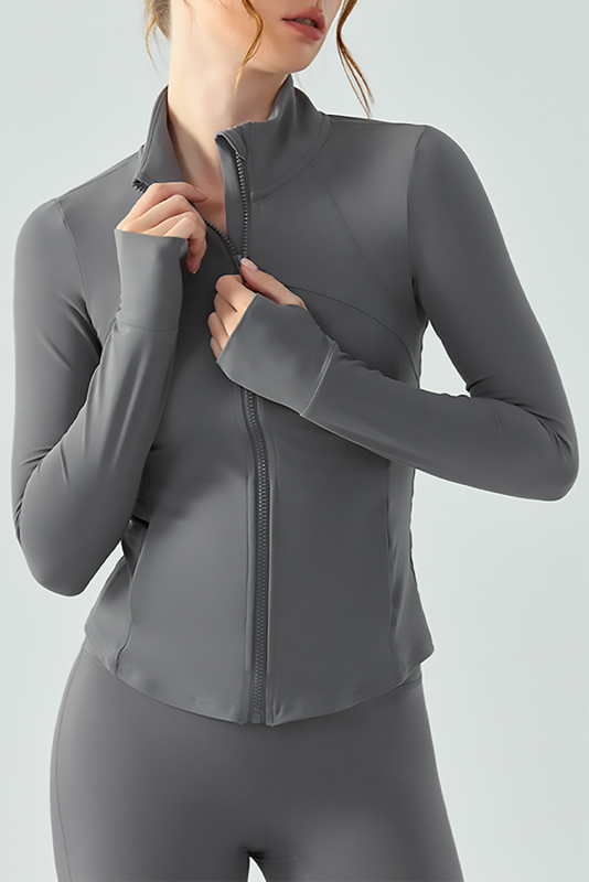 Dark Grey Solid Zipper Stand Neck Yoga Jacket