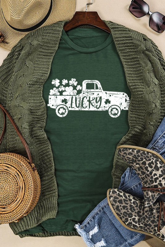 Green LUCKY Truck Print Crew Neck T Shirt