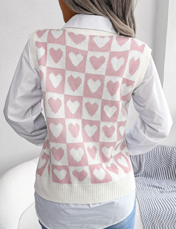 Pink Knitted Heart Graphic V Neck Sweater Vest
