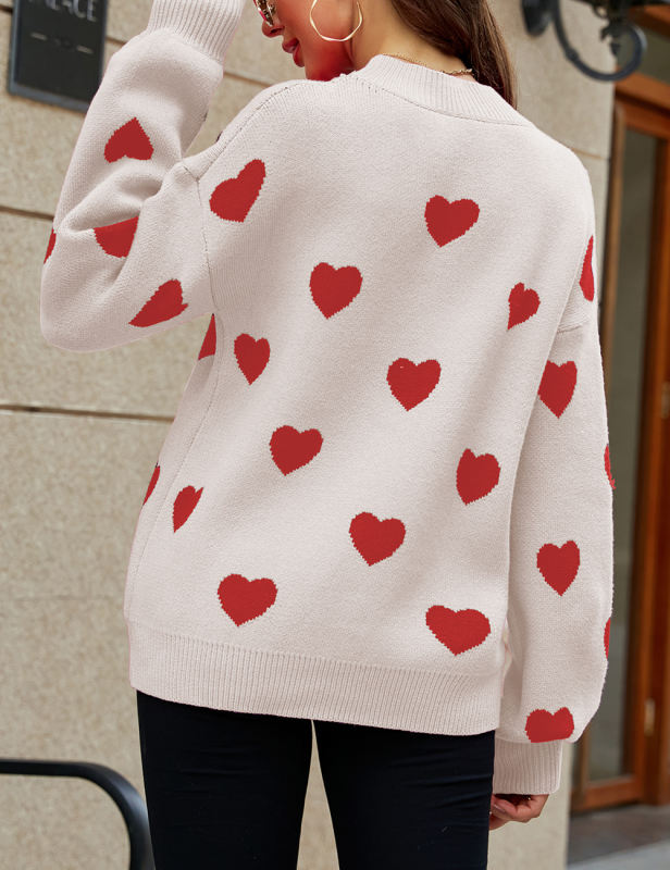 Beige Heart Graphic Pullover Knit Sweater