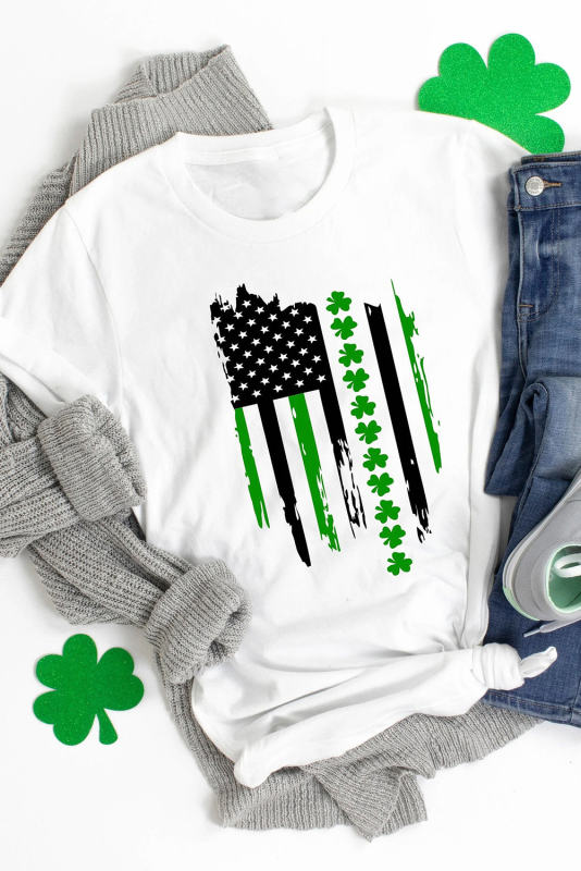 White St. Patricks Clover American Flag Print Crewneck Tee