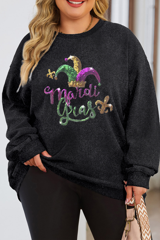 Black Sequin Mardi Gras Symbol Graphic Corded Plus Sweatshirt