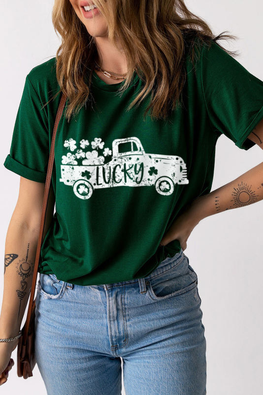Green LUCKY Truck Print Crew Neck T Shirt