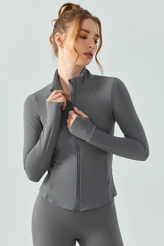 Dark Grey Solid Zipper Stand Neck Yoga Jacket