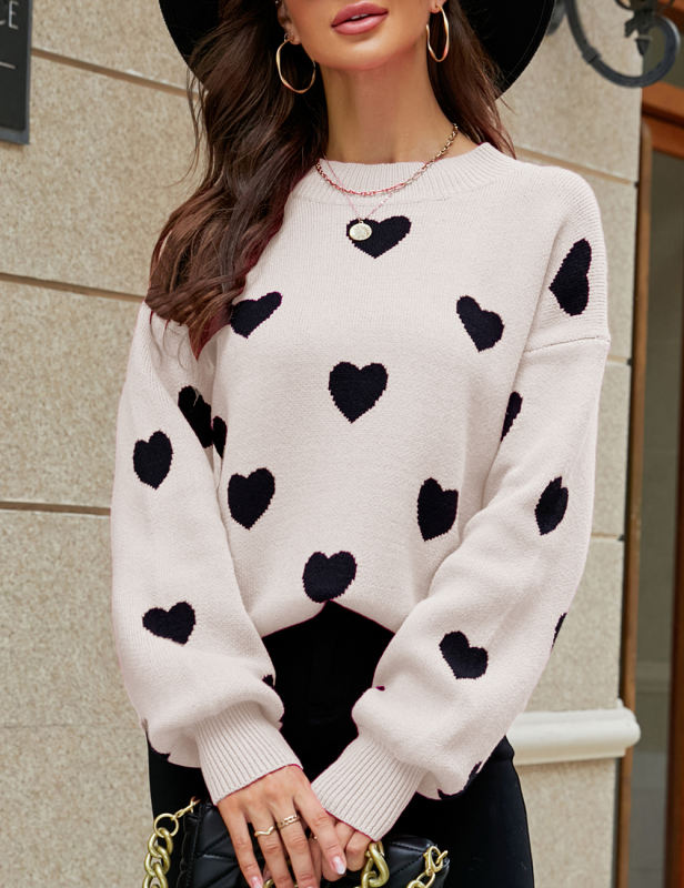 Black White Heart Graphic Pullover Knit Sweater