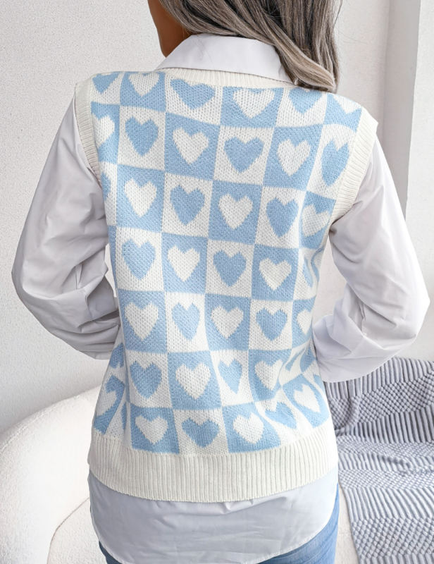 Blue Knitted Heart Graphic V Neck Sweater Vest