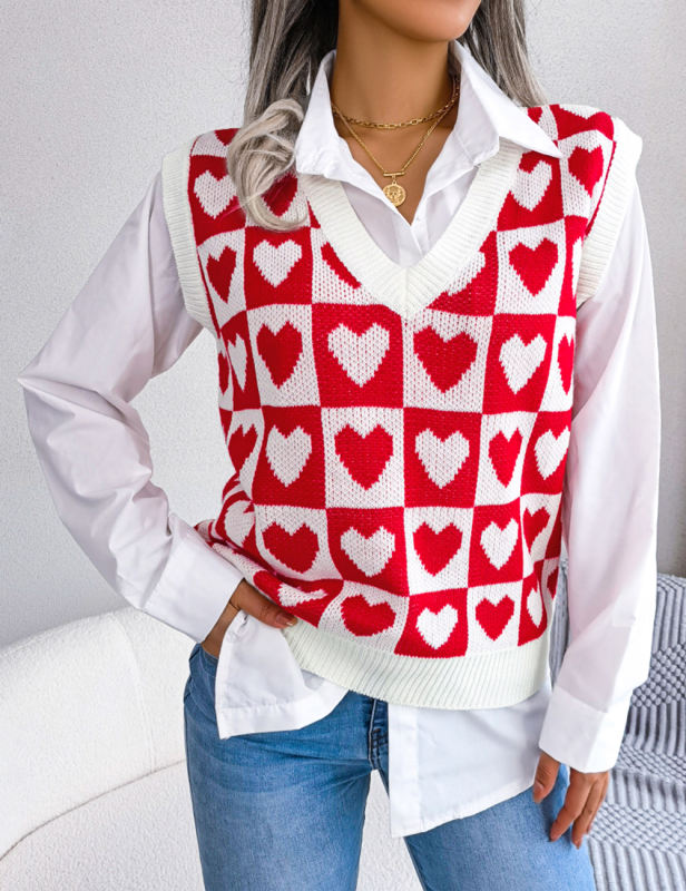 Red Knitted Heart Graphic V Neck Sweater Vest