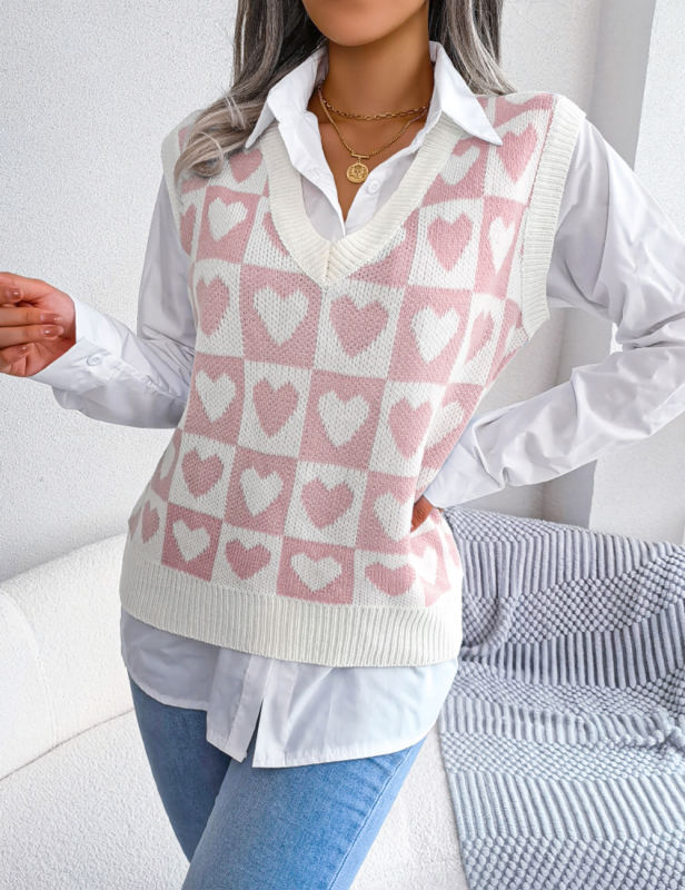 Pink Knitted Heart Graphic V Neck Sweater Vest