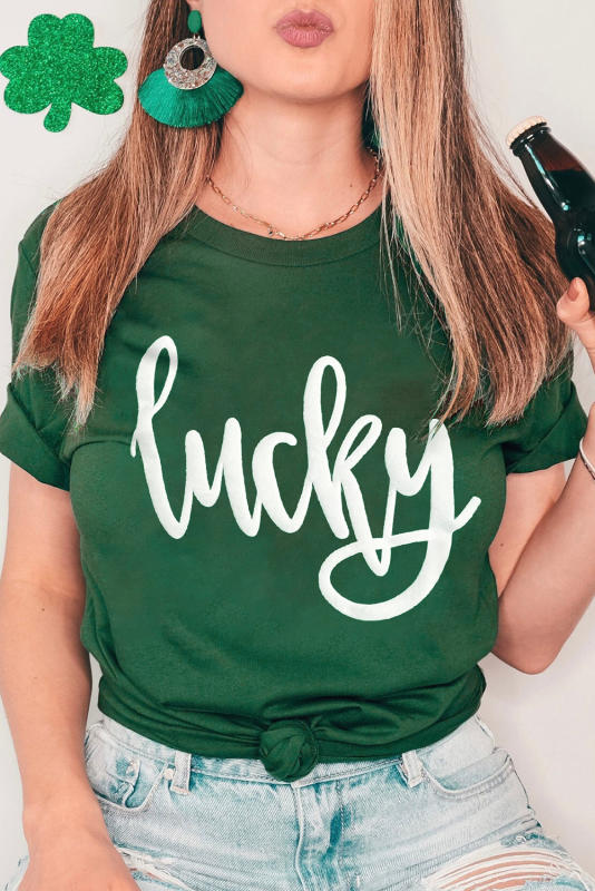 Green St. Patricks Lucky Print Round Neck Casual Tee