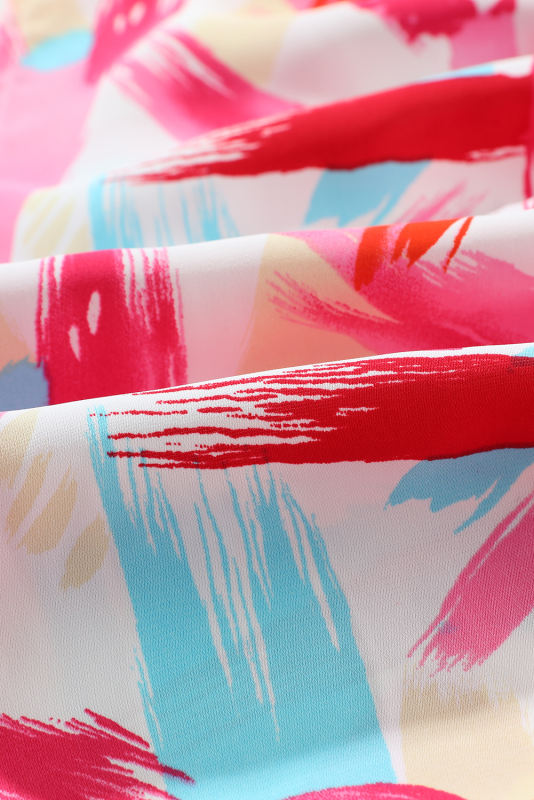 Pink Abstract Print Puff Sleeve Peplum Top