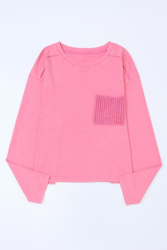 Pink Lace Patch Pocket Long Sleeve T-shirt