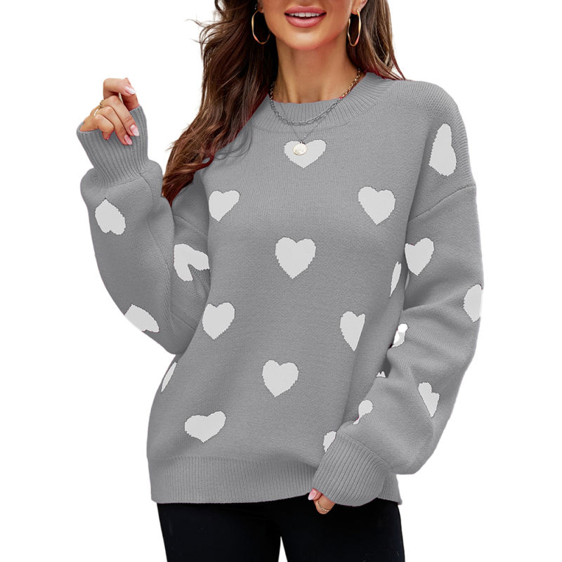 Gray Heart Graphic Pullover Knit Sweater
