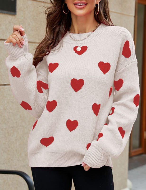 Beige Heart Graphic Pullover Knit Sweater