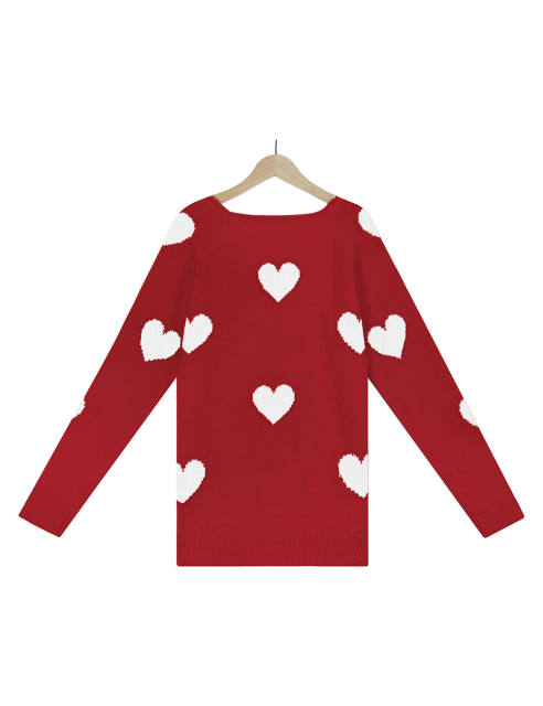 Red V Neck Heart Graphic Knit Sweater