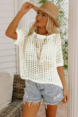 White Fishnet Knit Ribbed Round Neck Short Sleeve Sweater Tee