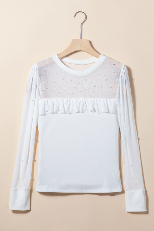 White Pearl Decor Mesh Patchwork Ribbed Long Sleeve Top
