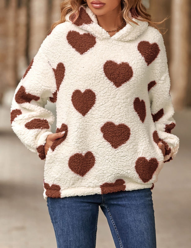 Khaki Heart Print Pocket Fleece Pullover Sweatshirt