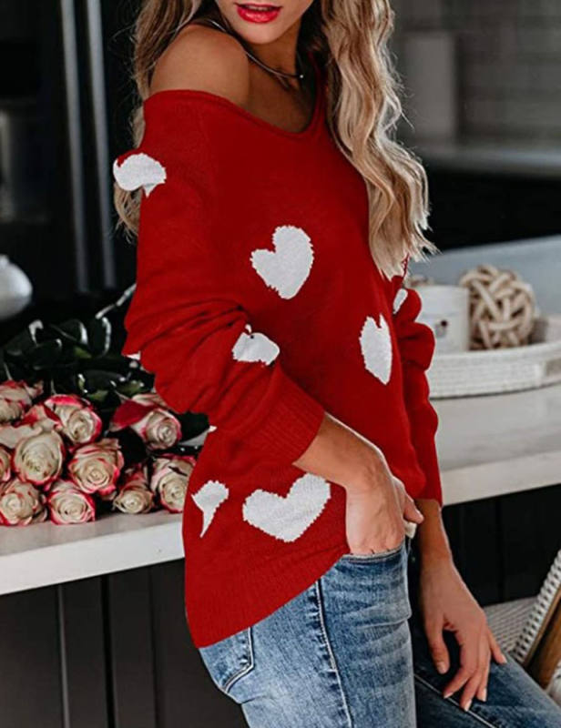 Red V Neck Heart Graphic Knit Sweater