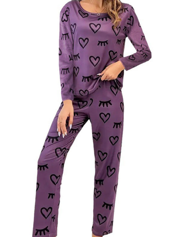 Purple Heart Print Long Sleeve and Pant Lounge Set