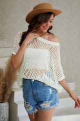 White Fishnet Knit Ribbed Round Neck Short Sleeve Sweater Tee