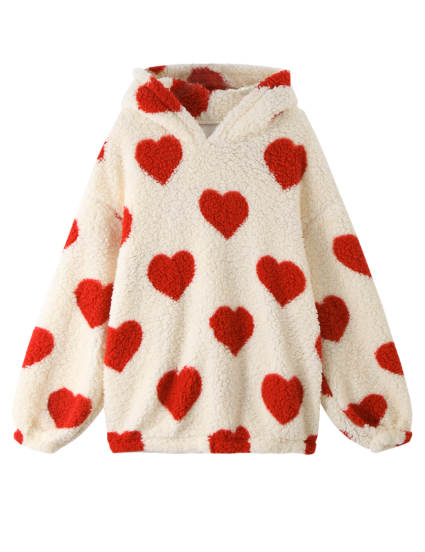 Red Heart Print Pocket Fleece Pullover Sweatshirt