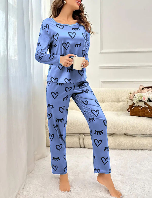 Blue Heart Print Long Sleeve and Pant Lounge Set