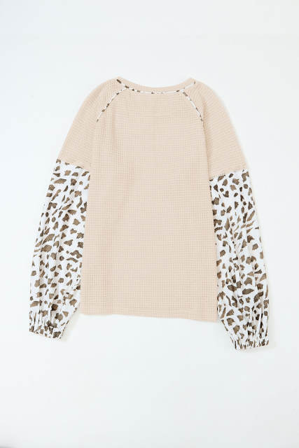 Apricot Leopard Print Patchwork Lantern Sleeve Waffle Knit Top