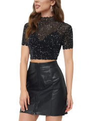 Silver Stars Print Sheer Mesh Short Sleeve Crop Tops