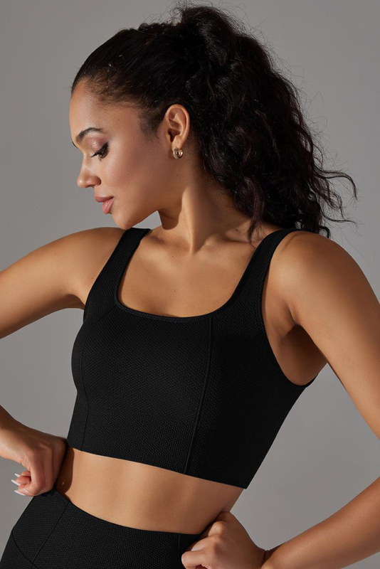 Black Wide Strap Low Back Cut Cropped Active Top